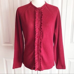 Vintage Talbott Maroon Red Knit Ruffle Front Button Cardigan Sweater